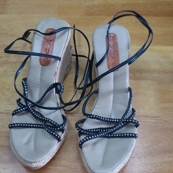 Hype Shoes - Hype Black and Cream Wedge Shoes with Elegant Straps